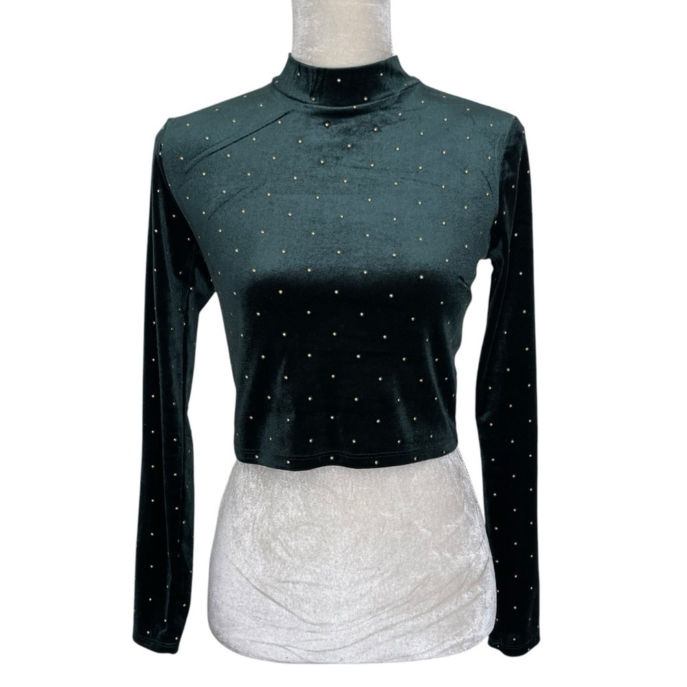 Forever 21 Velvet Crop Top Women’s Size S Studded Mock Neck Long Sleeves